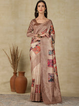 RANG TARANG-Elegant Blush Beige Saree with Artistic Patchwork Prints & Ornate Woven Border