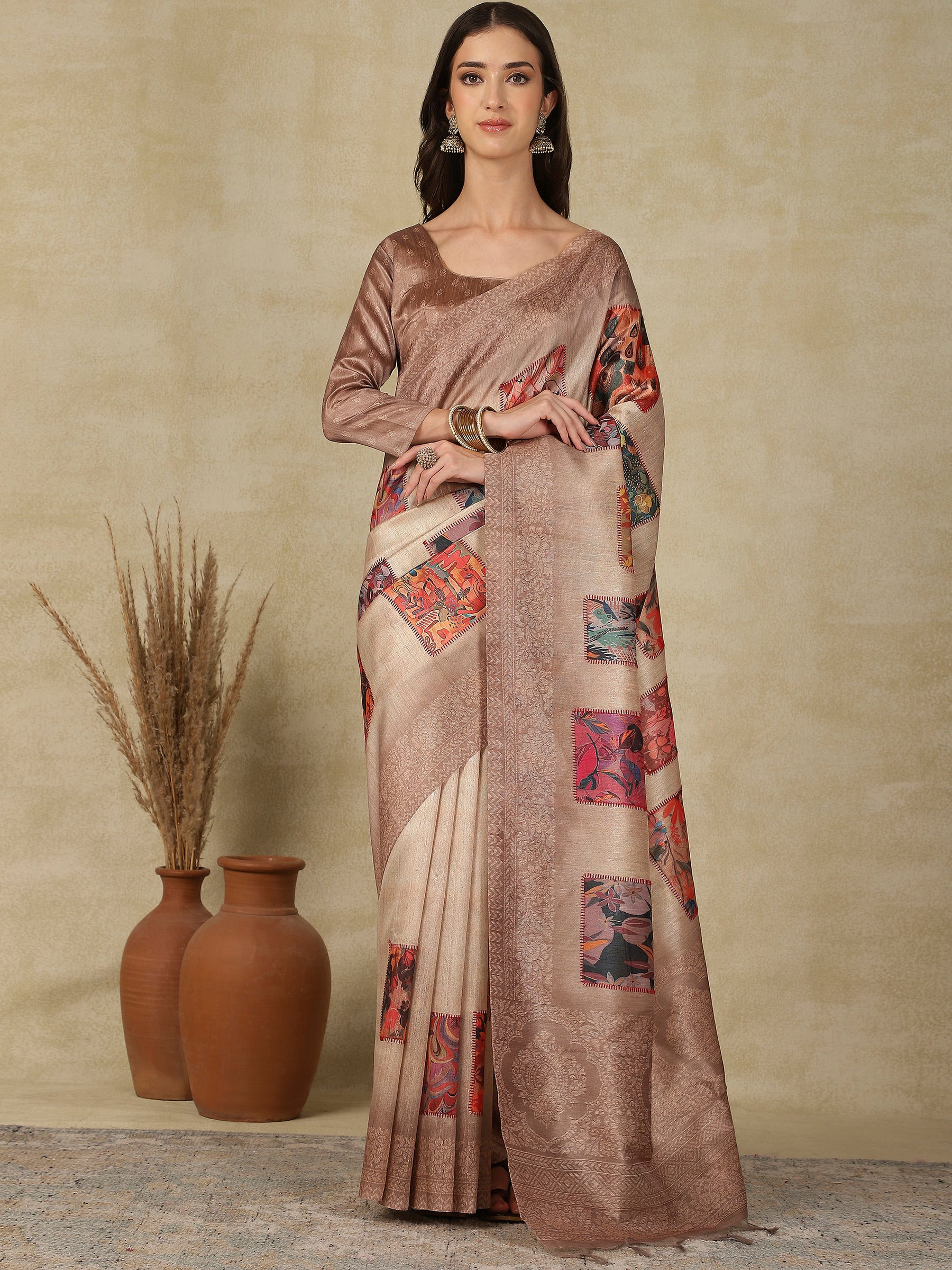 RANG TARANG-Elegant Blush Beige Saree with Artistic Patchwork Prints & Ornate Woven Border