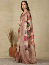 RANG TARANG-Elegant Blush Beige Saree with Artistic Patchwork Prints & Ornate Woven Border
