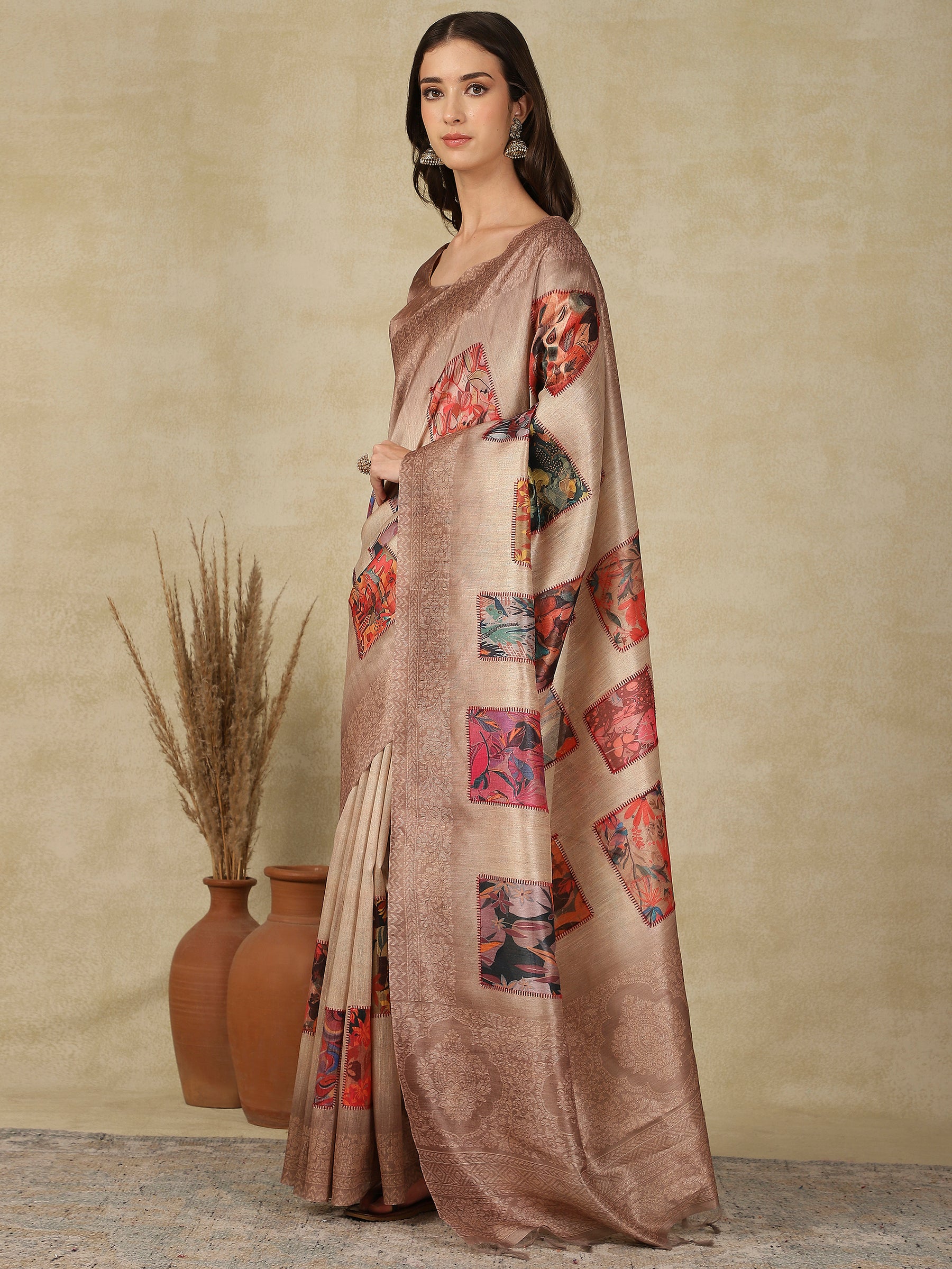 RANG TARANG-Elegant Blush Beige Saree with Artistic Patchwork Prints & Ornate Woven Border