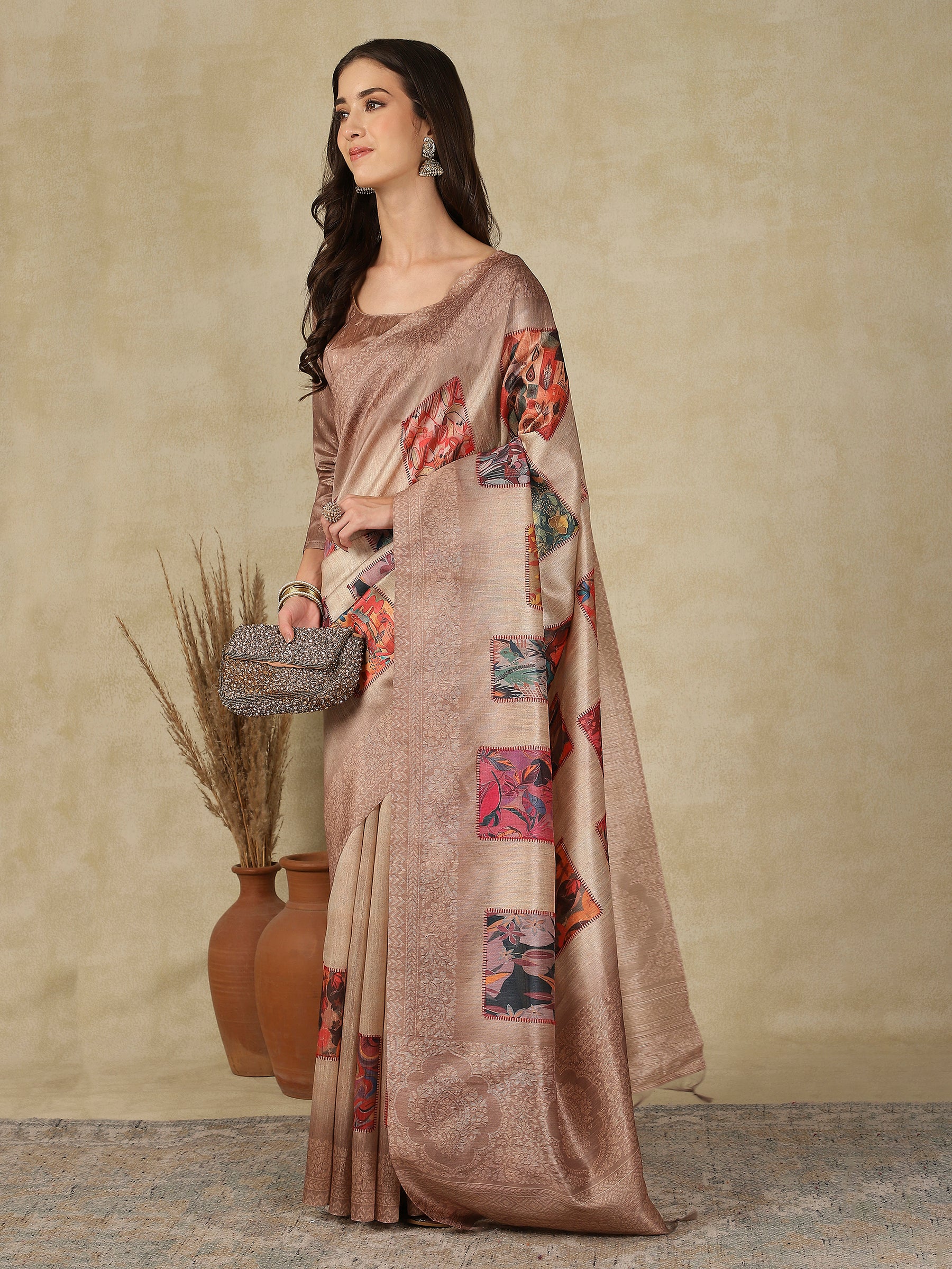 RANG TARANG-Elegant Blush Beige Saree with Artistic Patchwork Prints & Ornate Woven Border