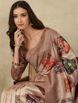 RANG TARANG-Elegant Blush Beige Saree with Artistic Patchwork Prints & Ornate Woven Border