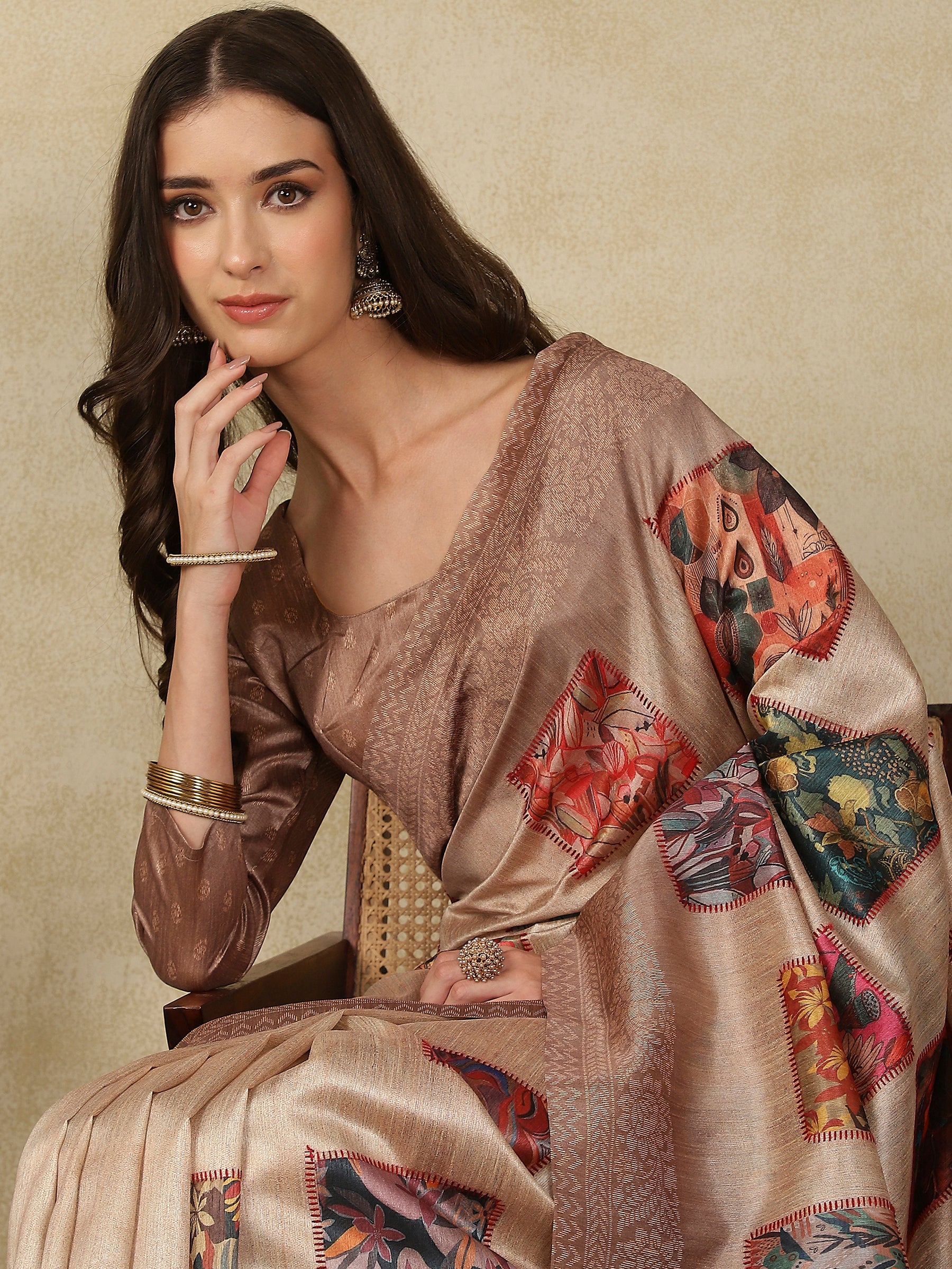 RANG TARANG-Elegant Blush Beige Saree with Artistic Patchwork Prints & Ornate Woven Border