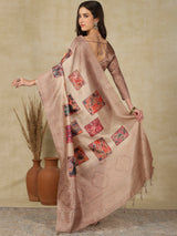RANG TARANG-Elegant Blush Beige Saree with Artistic Patchwork Prints & Ornate Woven Border