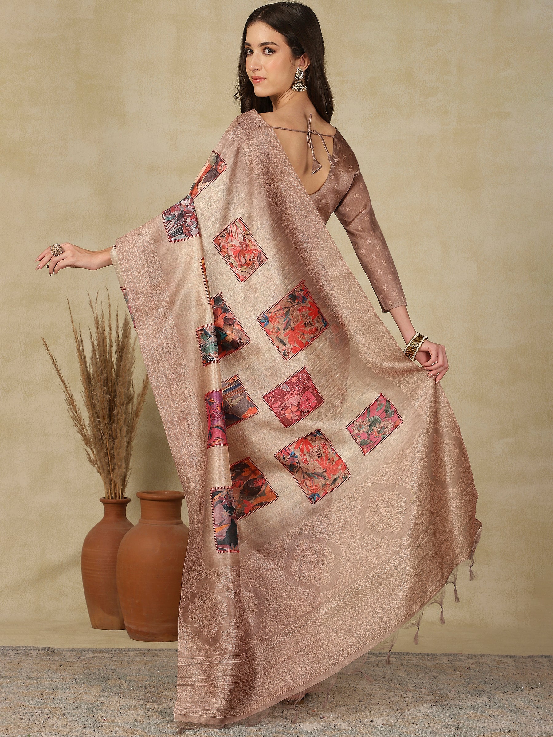 RANG TARANG-Elegant Blush Beige Saree with Artistic Patchwork Prints & Ornate Woven Border