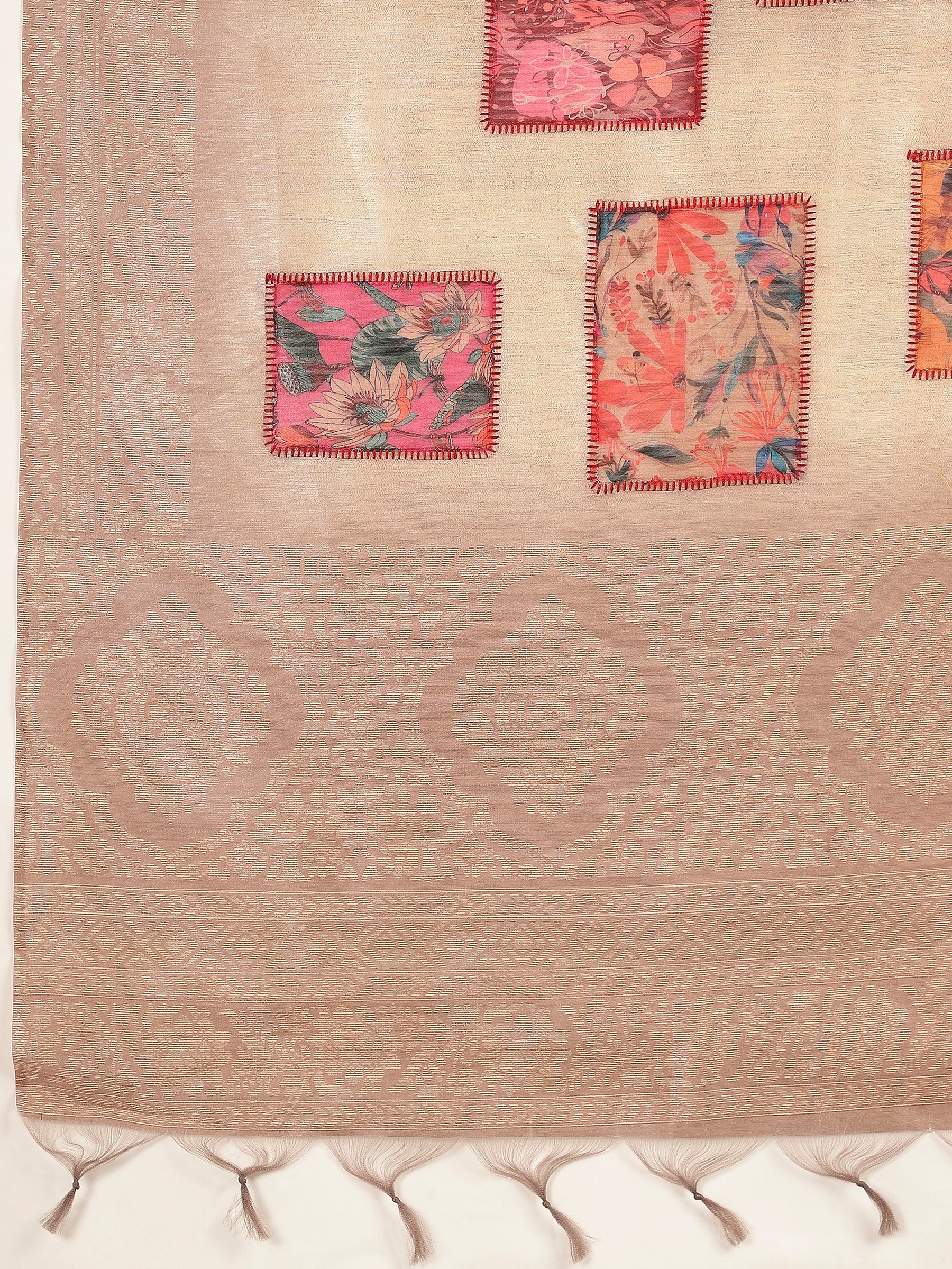 RANG TARANG-Elegant Blush Beige Saree with Artistic Patchwork Prints & Ornate Woven Border