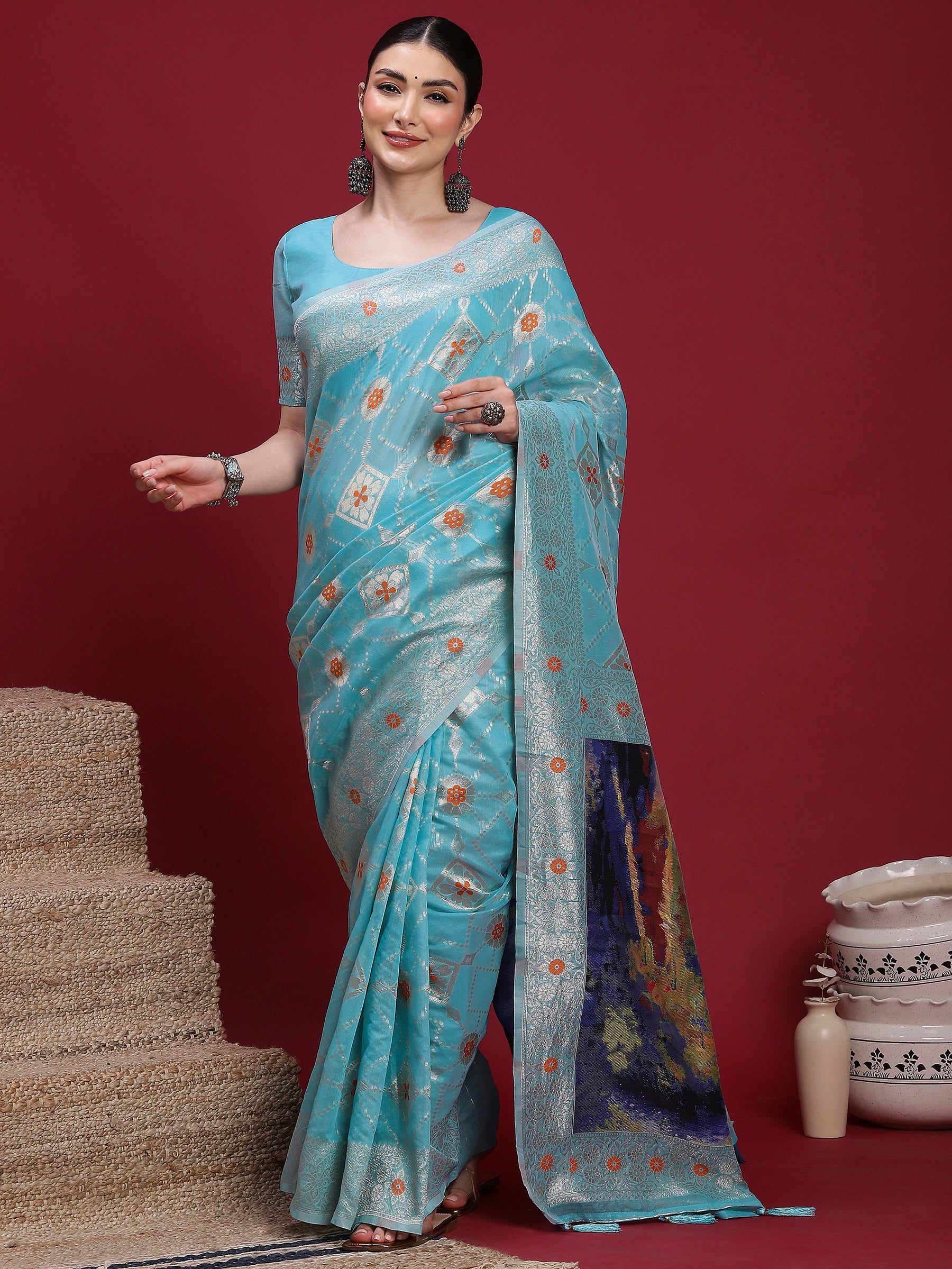 VANAYA Sky Bloom Silver Weave Saree