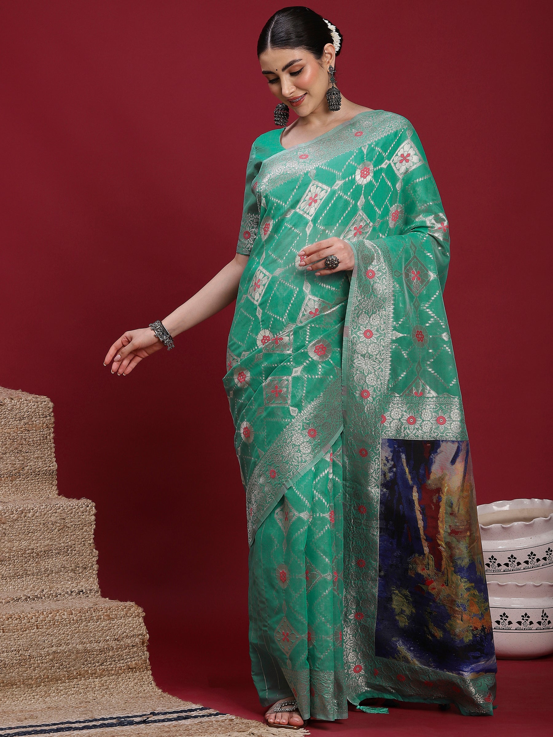VANAYA Emerald Mosaic Silver Weave Saree
