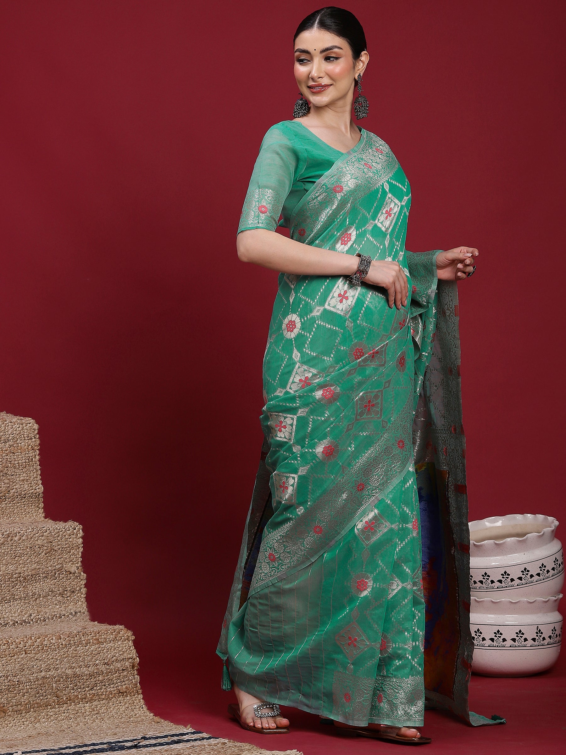 VANAYA Emerald Mosaic Silver Weave Saree