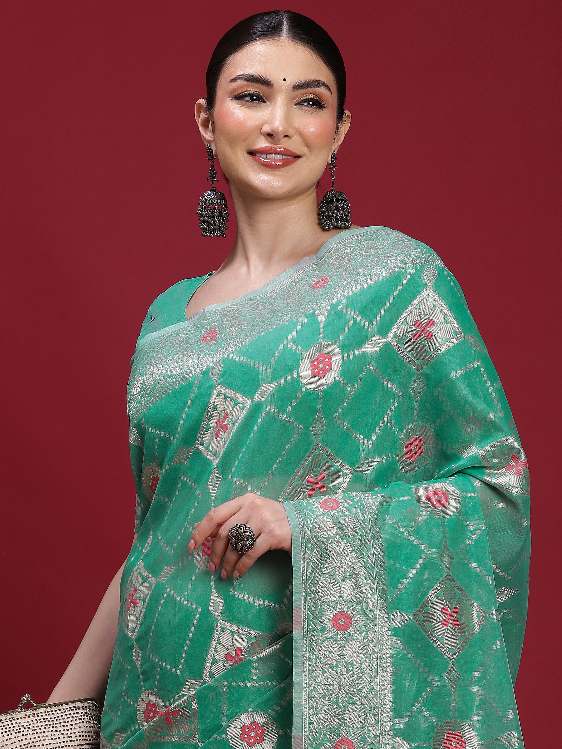 VANAYA Emerald Mosaic Silver Weave Saree