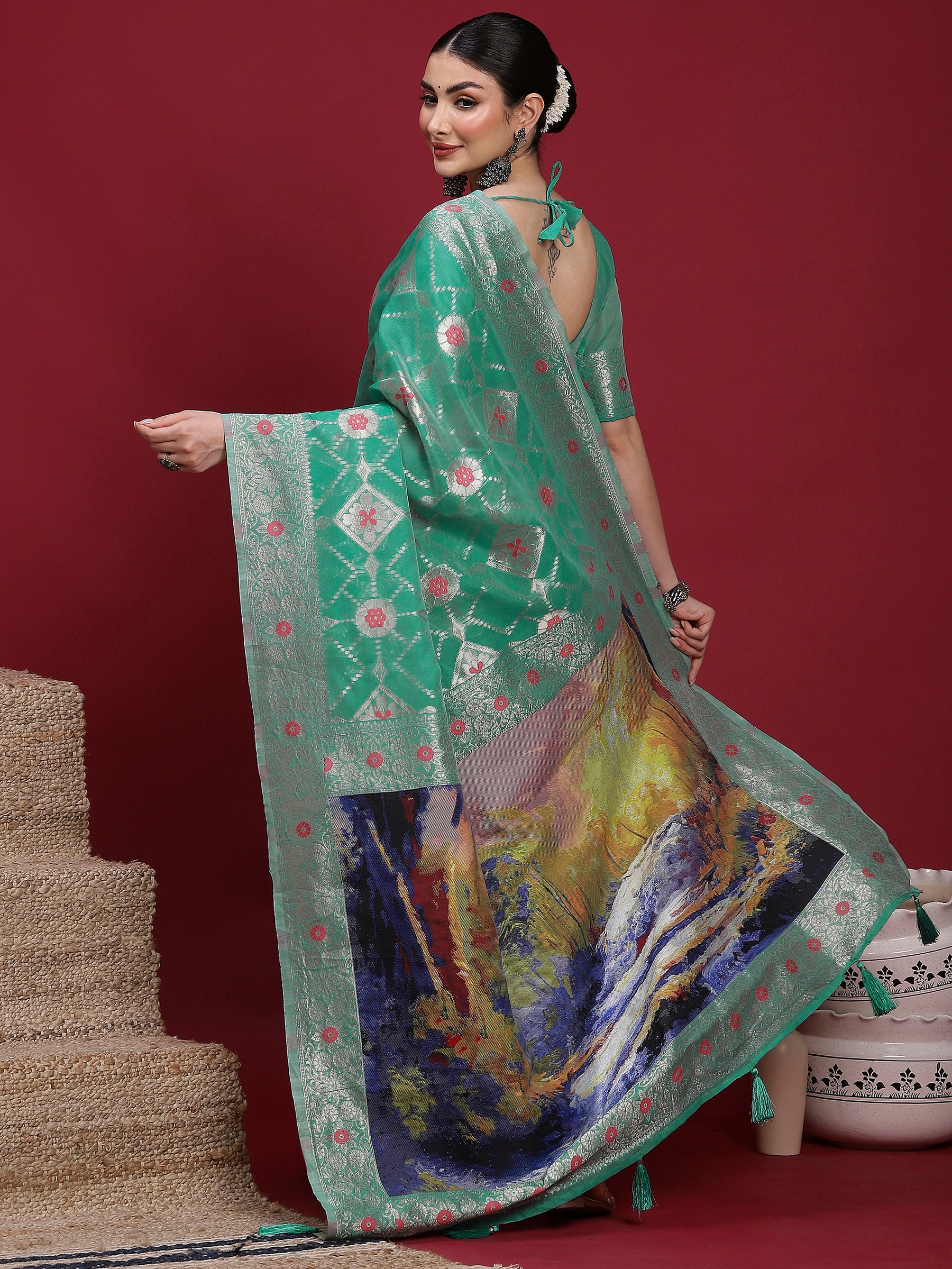 VANAYA Emerald Mosaic Silver Weave Saree