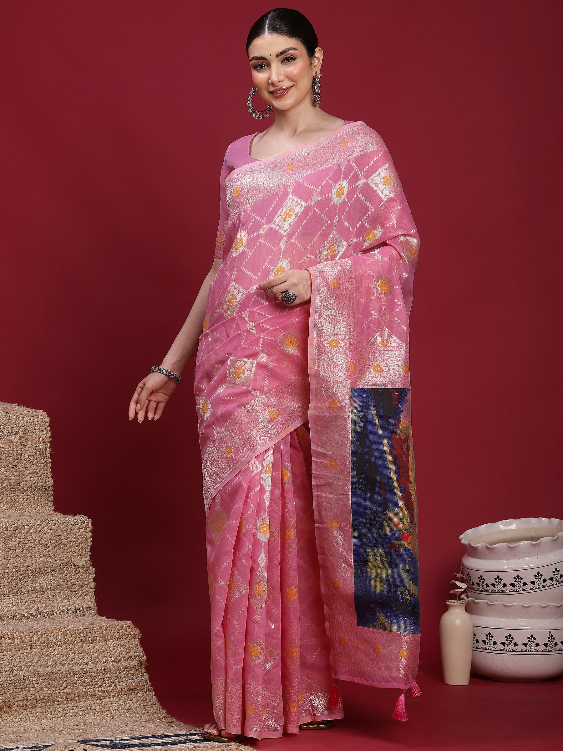 VANAYA Blush Petal Silver Weave Saree