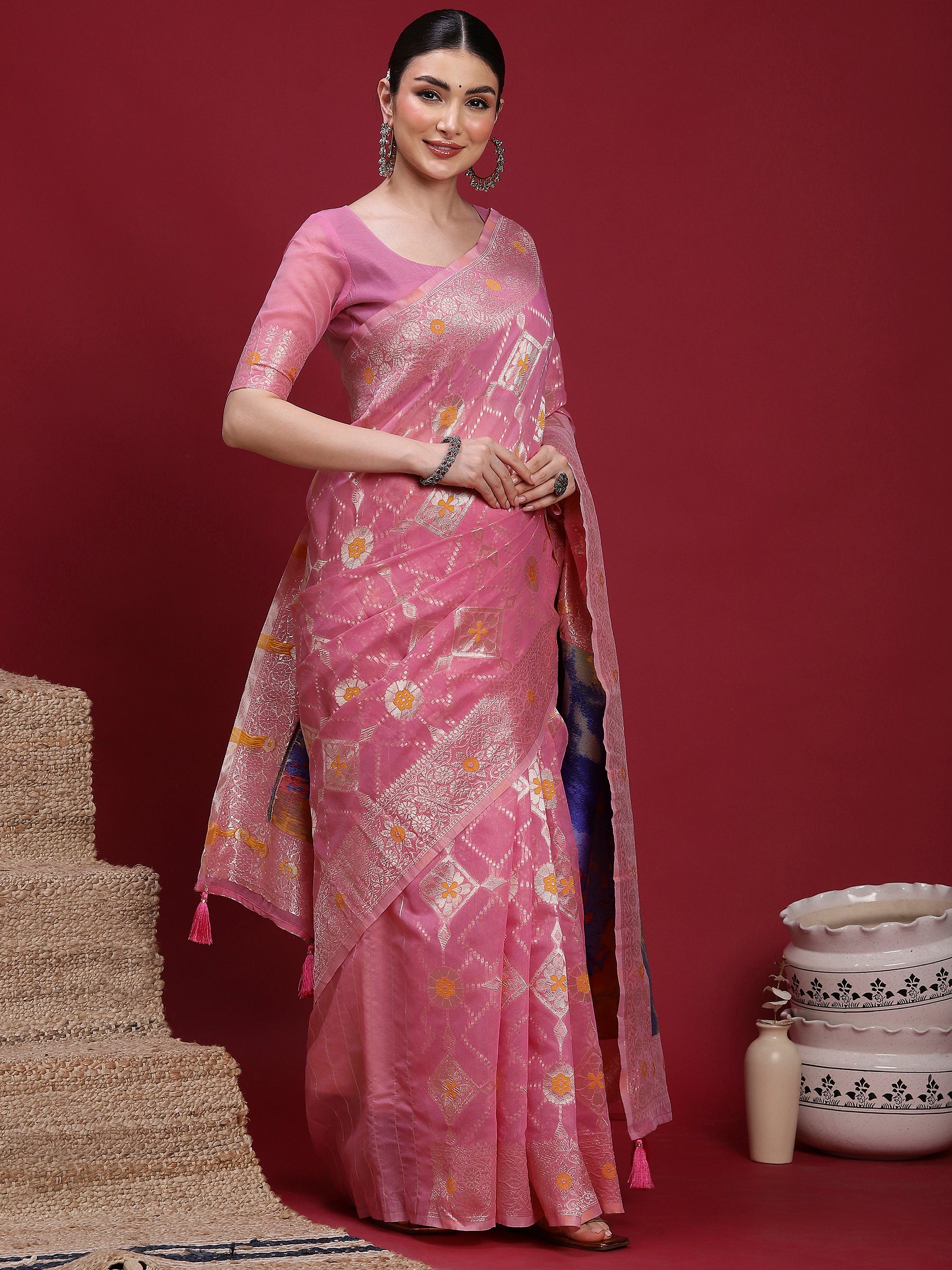 VANAYA Blush Petal Silver Weave Saree
