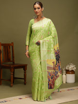 VANAYA-Elegant Pistachio Green Silver Zari Saree with Royal Heritage Print Pallu