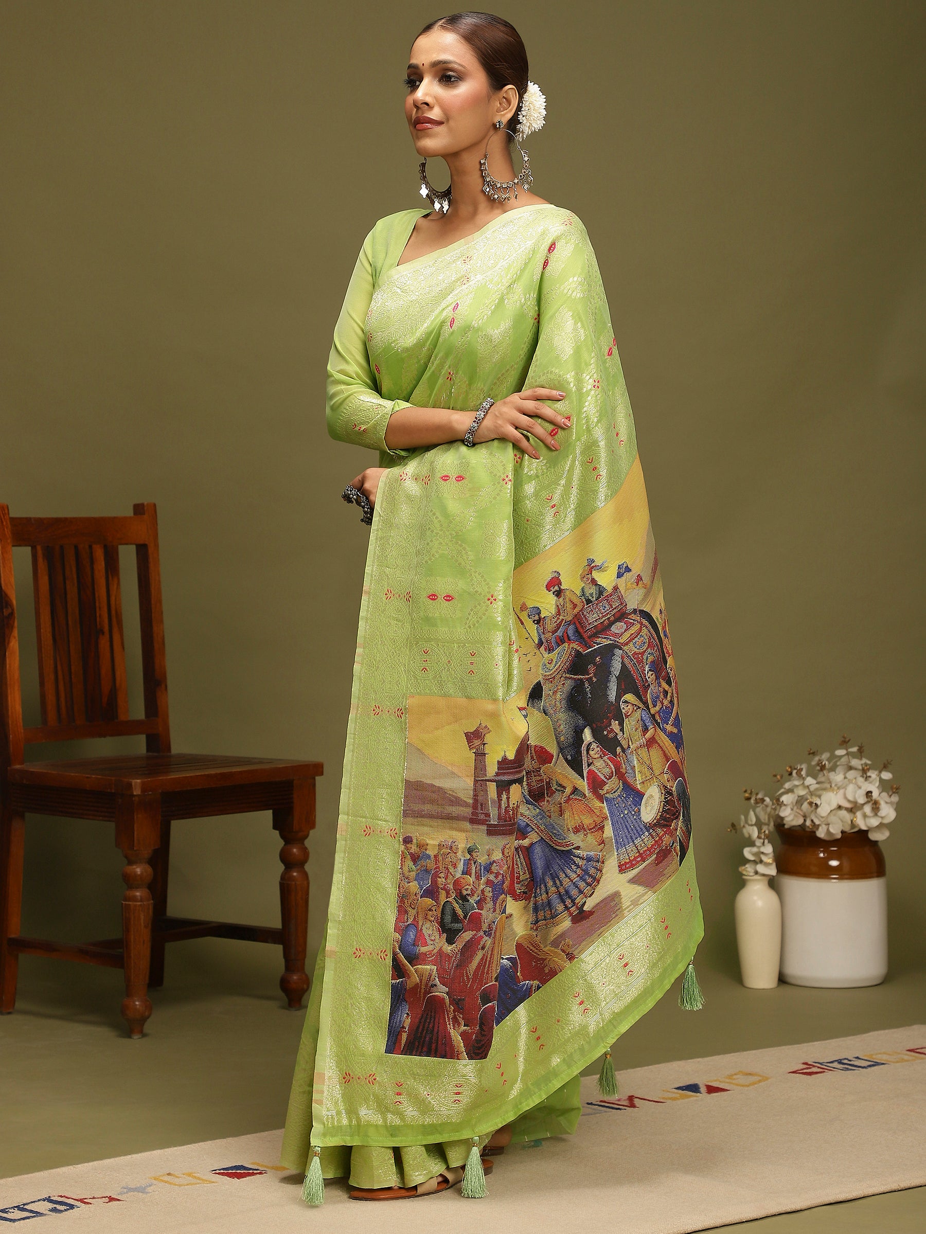 VANAYA-Elegant Pistachio Green Silver Zari Saree with Royal Heritage Print Pallu