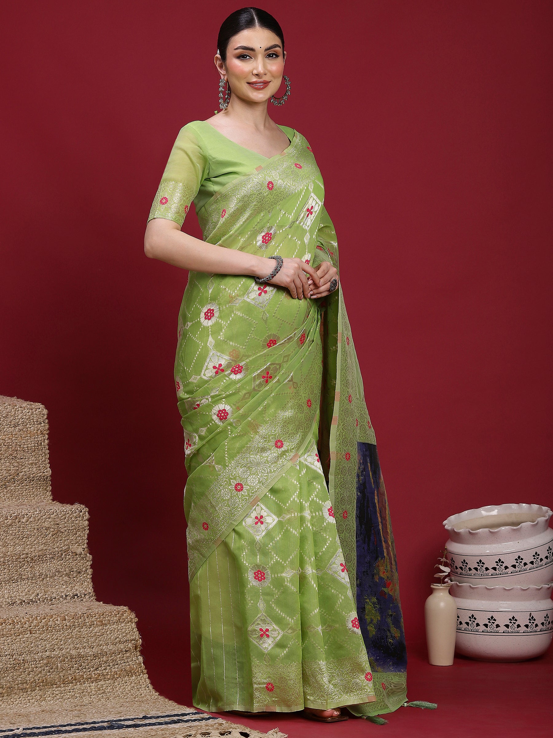 VANAYA Pistachio Bloom Silver Weave Saree