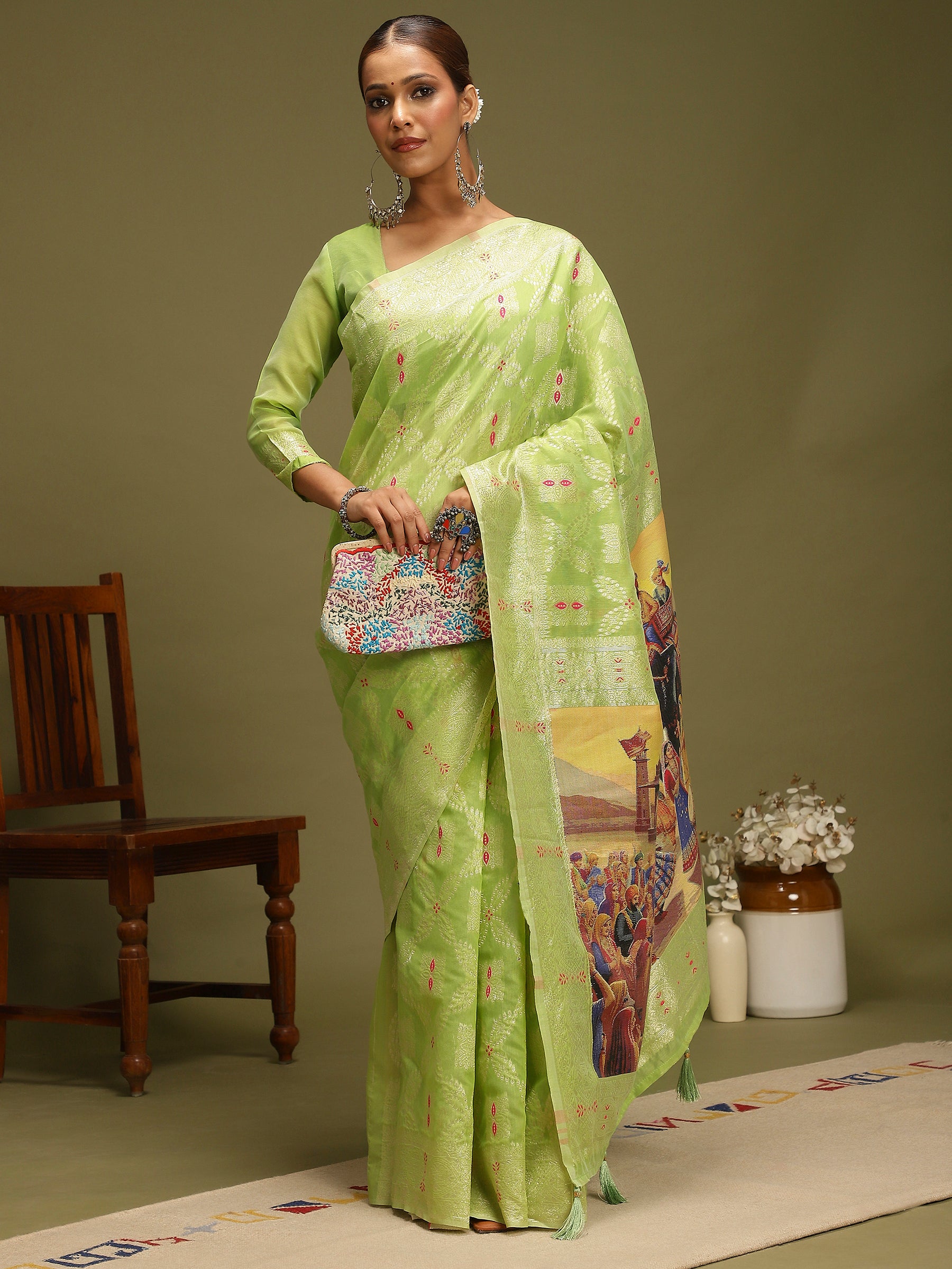VANAYA-Elegant Pistachio Green Silver Zari Saree with Royal Heritage Print Pallu