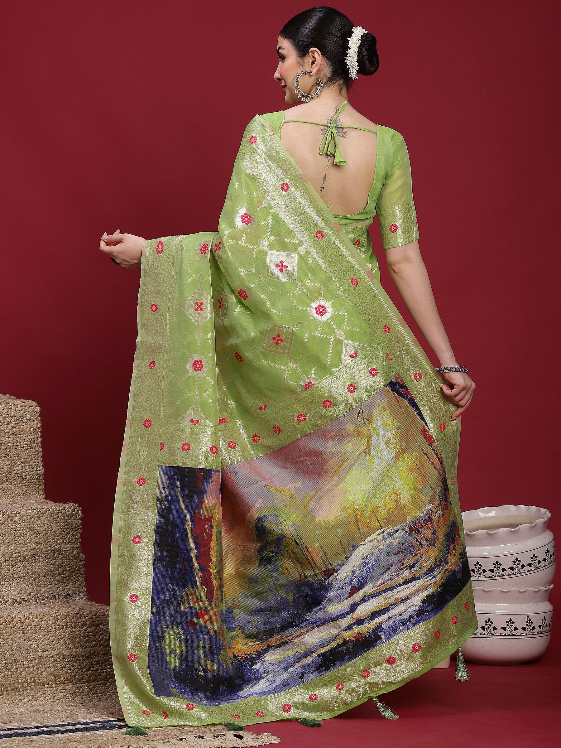 VANAYA Pistachio Bloom Silver Weave Saree