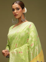 VANAYA-Elegant Pistachio Green Silver Zari Saree with Royal Heritage Print Pallu