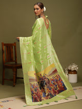VANAYA-Elegant Pistachio Green Silver Zari Saree with Royal Heritage Print Pallu