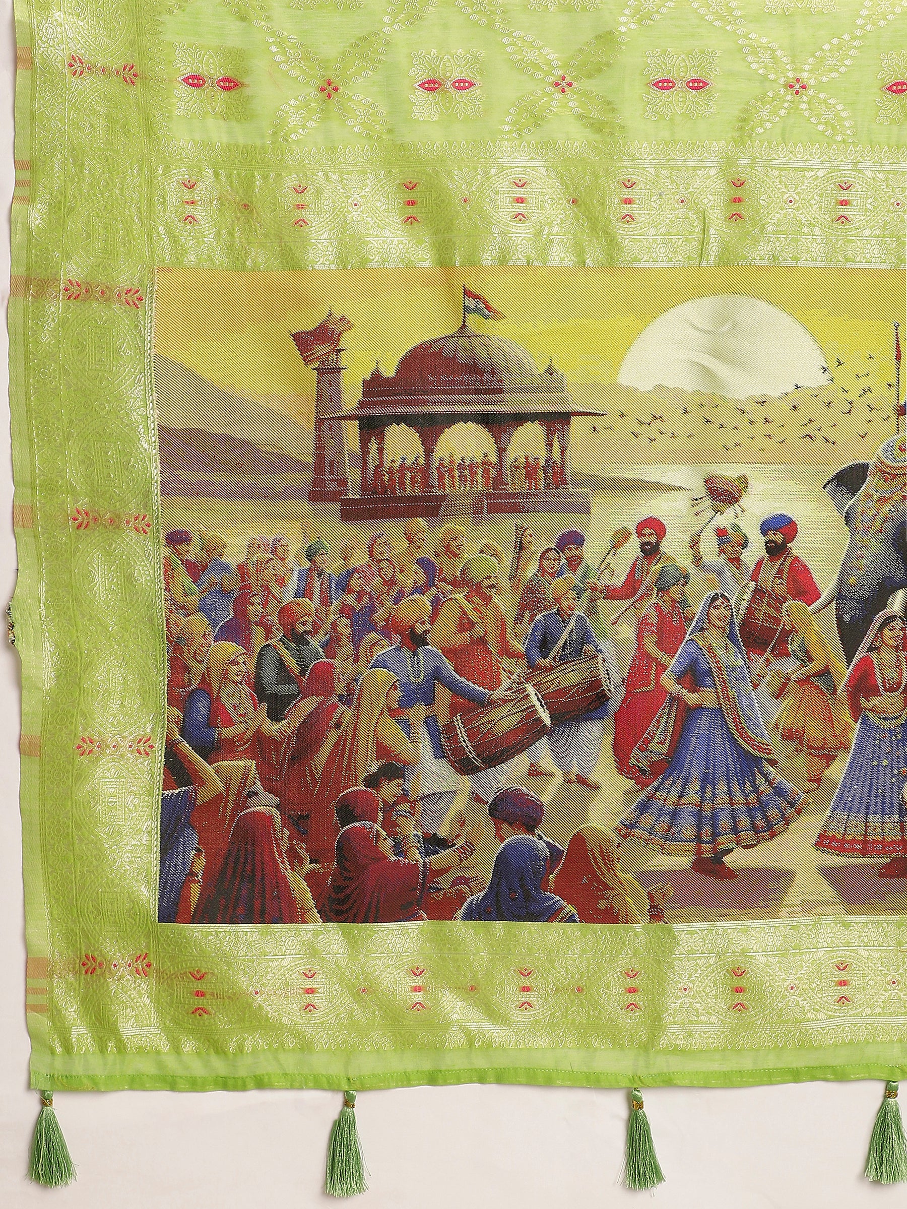 VANAYA-Elegant Pistachio Green Silver Zari Saree with Royal Heritage Print Pallu