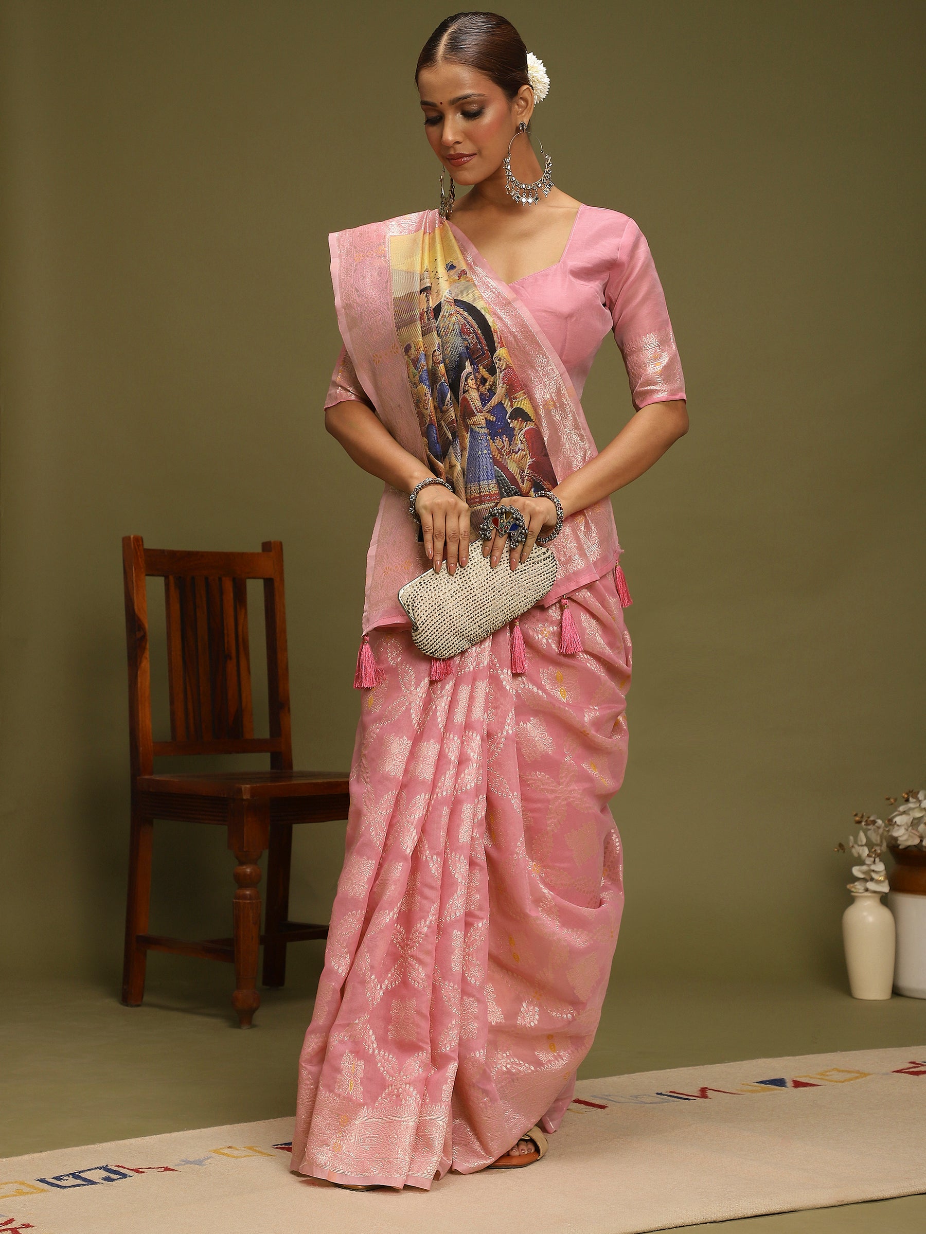 VANAYA-Graceful Blush Pink Silver Zari Saree with Heritage Art Pallu Tassels