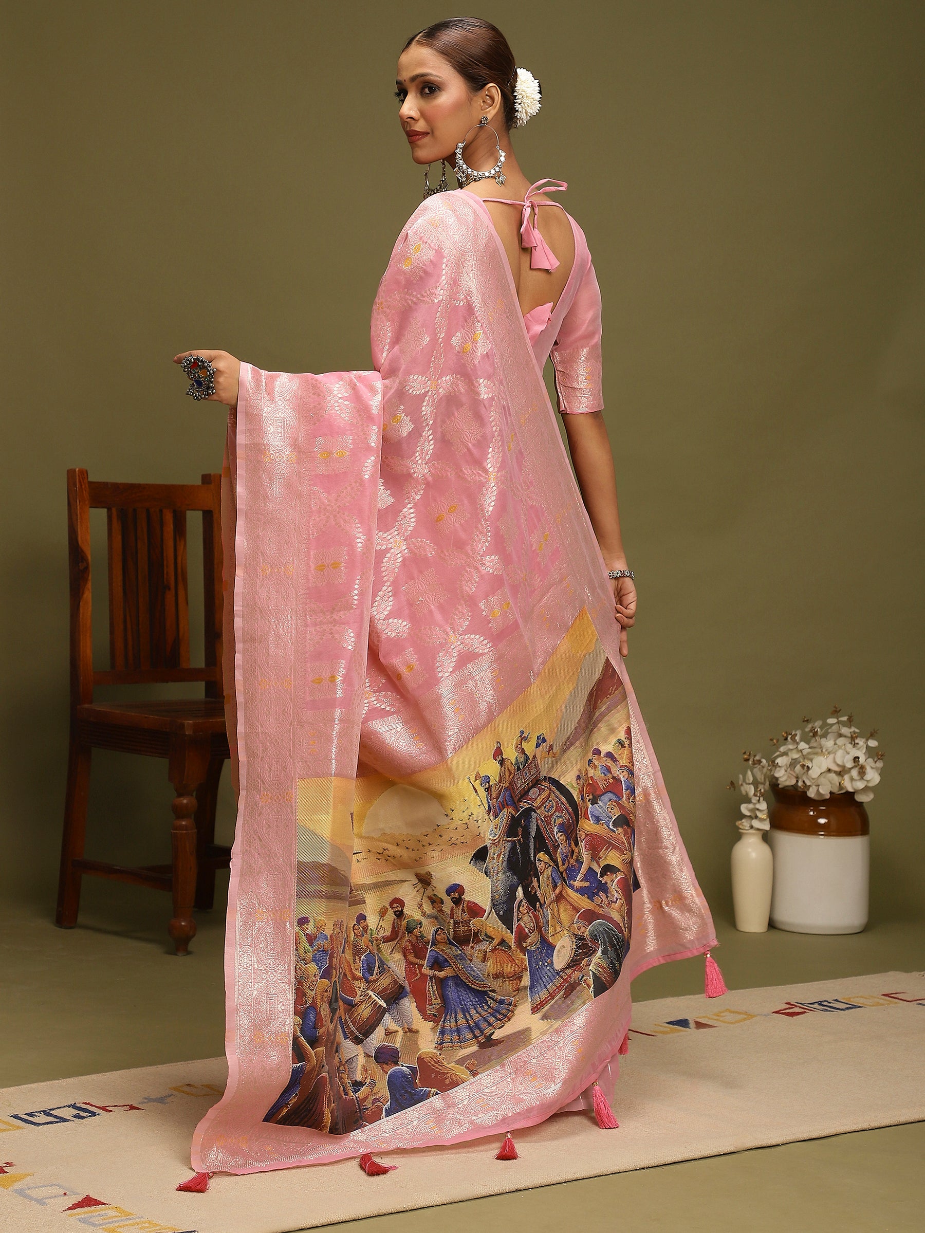 VANAYA-Graceful Blush Pink Silver Zari Saree with Heritage Art Pallu Tassels