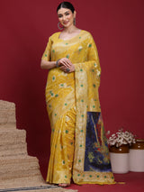 VANAYA Golden Meadow Scenic Weave Saree