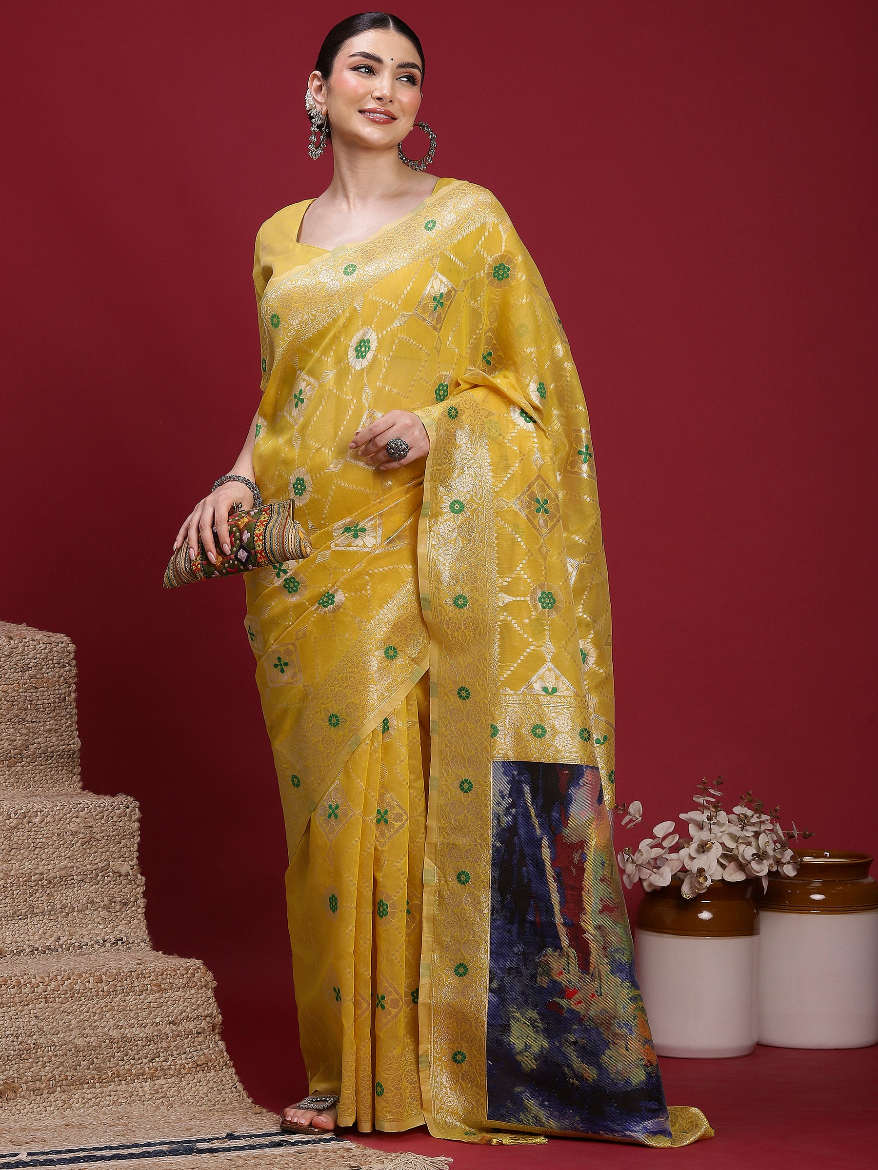 VANAYA Golden Meadow Scenic Weave Saree