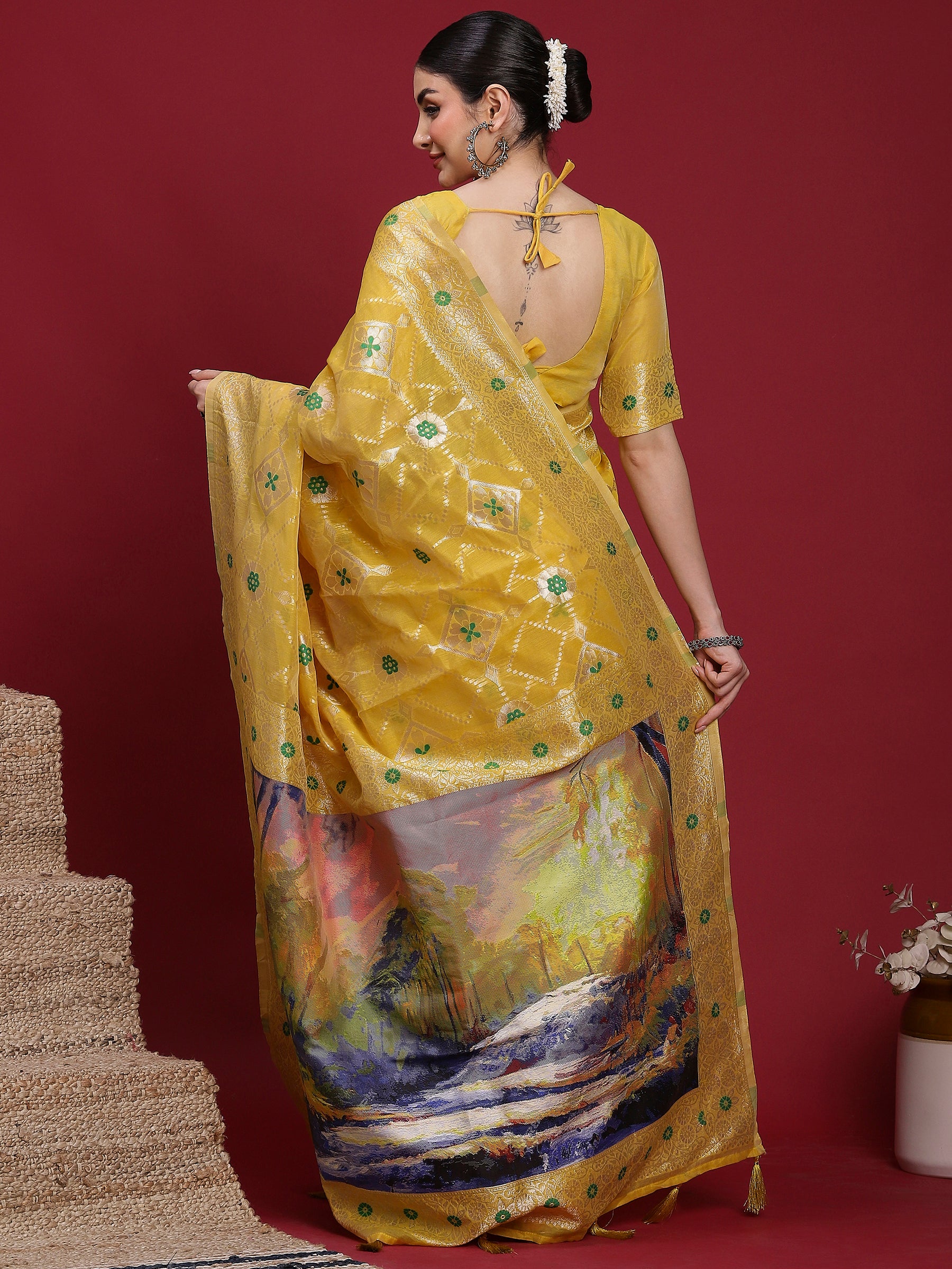 VANAYA Golden Meadow Scenic Weave Saree