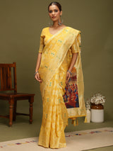 VANAYA-Radiant Mustard Yellow Silver Zari Saree with Heritage Print Pallu