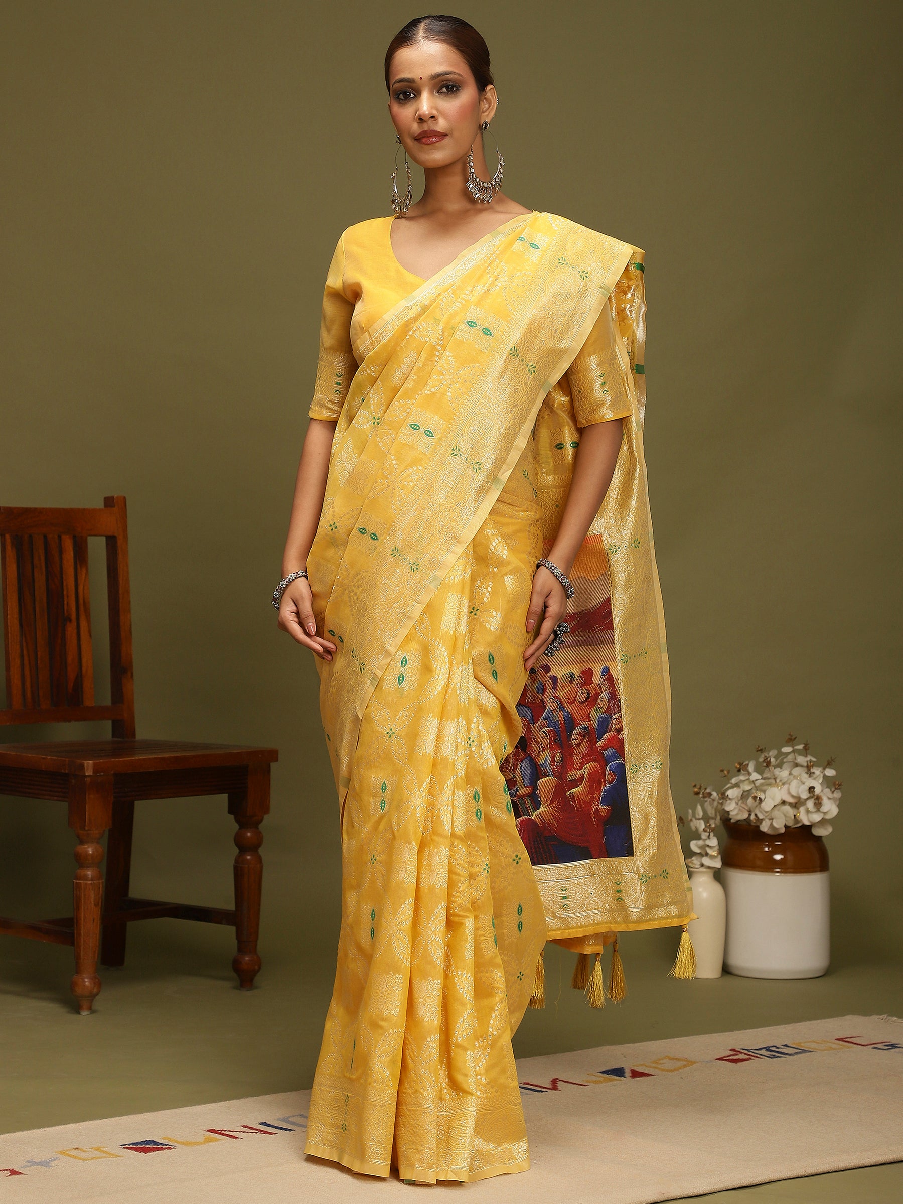 VANAYA-Radiant Mustard Yellow Silver Zari Saree with Heritage Print Pallu