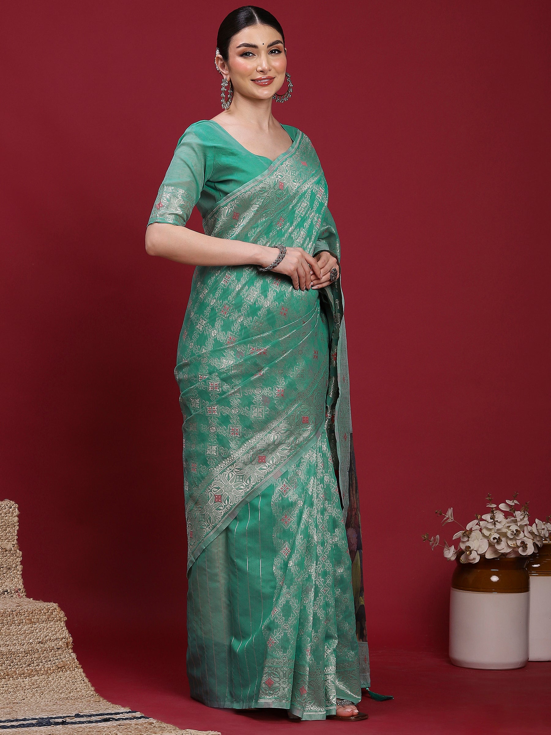 VANAYA Emerald Bloom Designer Weave Saree
