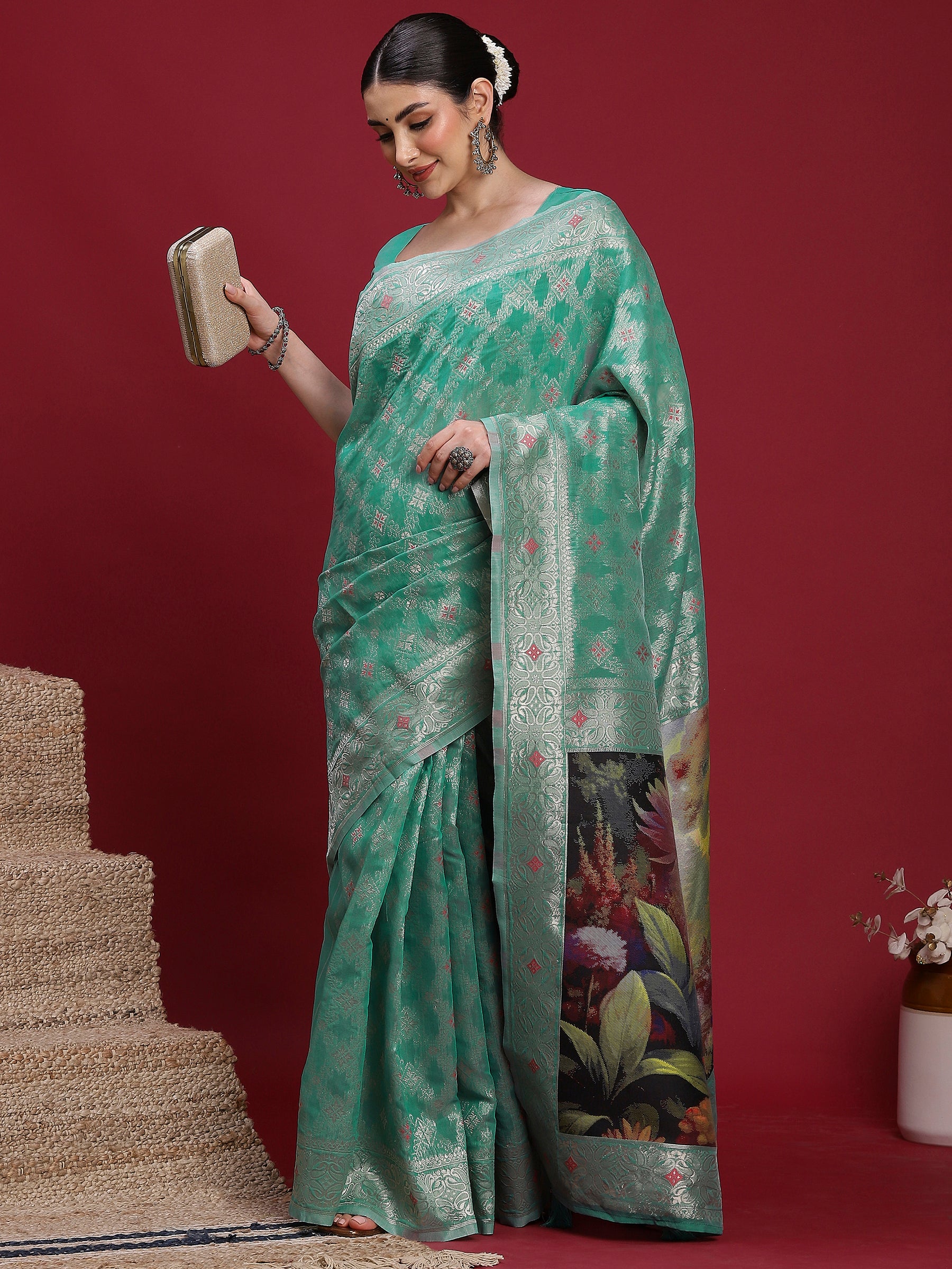 VANAYA Emerald Bloom Designer Weave Saree