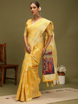 VANAYA-Radiant Mustard Yellow Silver Zari Saree with Heritage Print Pallu
