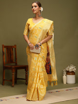 VANAYA-Radiant Mustard Yellow Silver Zari Saree with Heritage Print Pallu