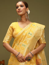 VANAYA-Radiant Mustard Yellow Silver Zari Saree with Heritage Print Pallu