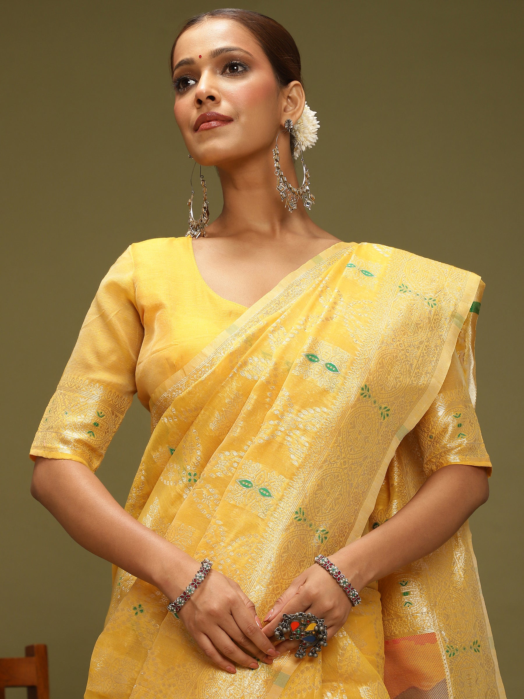 VANAYA-Radiant Mustard Yellow Silver Zari Saree with Heritage Print Pallu