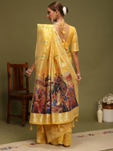 VANAYA-Radiant Mustard Yellow Silver Zari Saree with Heritage Print Pallu