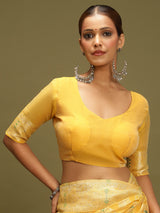 VANAYA-Radiant Mustard Yellow Silver Zari Saree with Heritage Print Pallu