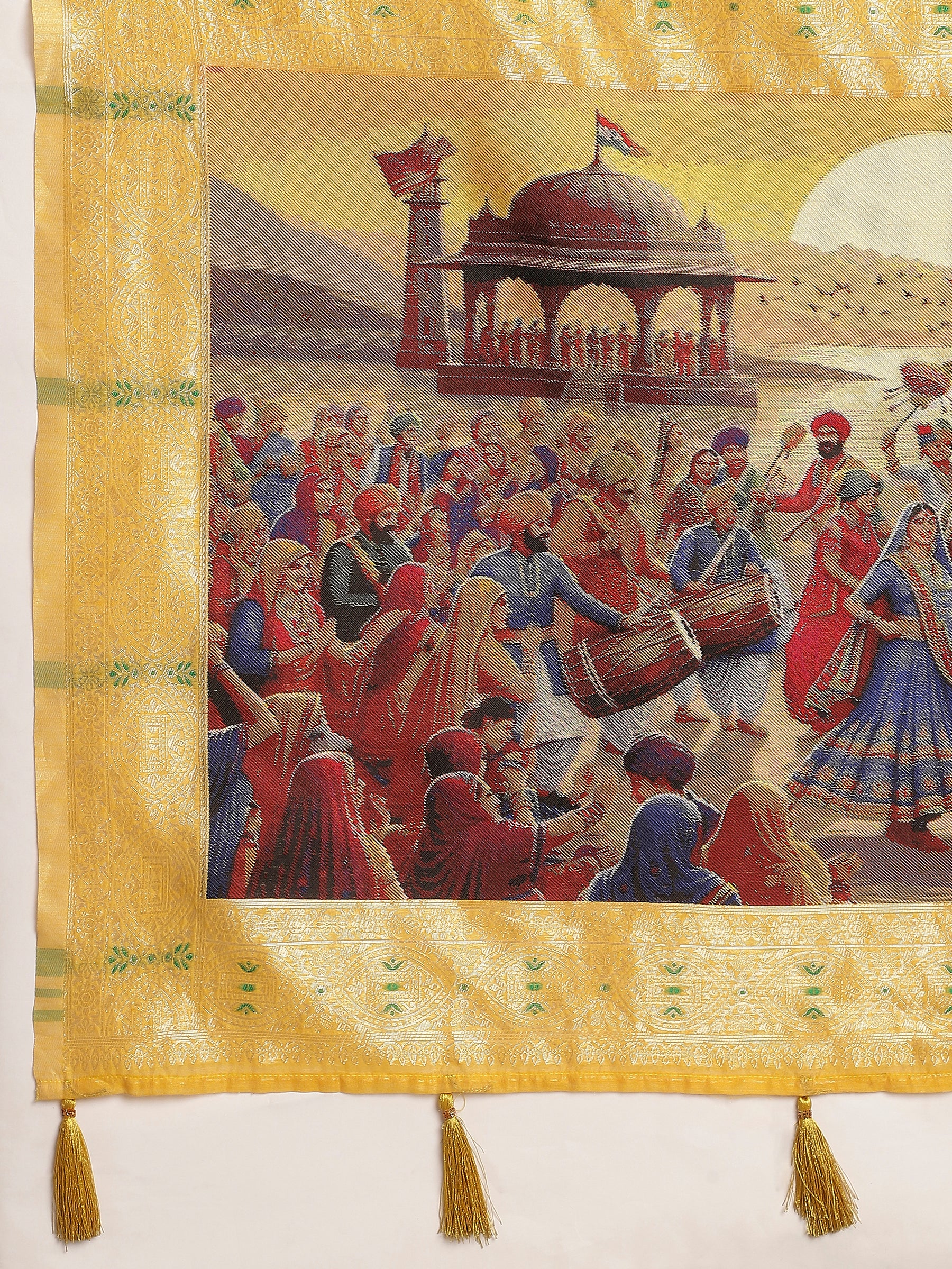 VANAYA-Radiant Mustard Yellow Silver Zari Saree with Heritage Print Pallu