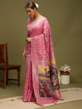 VANAYA-Royal Pink Silver Zari Weave Saree with Heritage Art Pallu