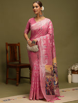 VANAYA-Royal Pink Silver Zari Weave Saree with Heritage Art Pallu