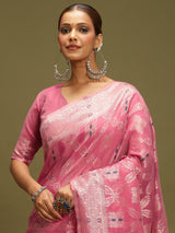 VANAYA-Royal Pink Silver Zari Weave Saree with Heritage Art Pallu