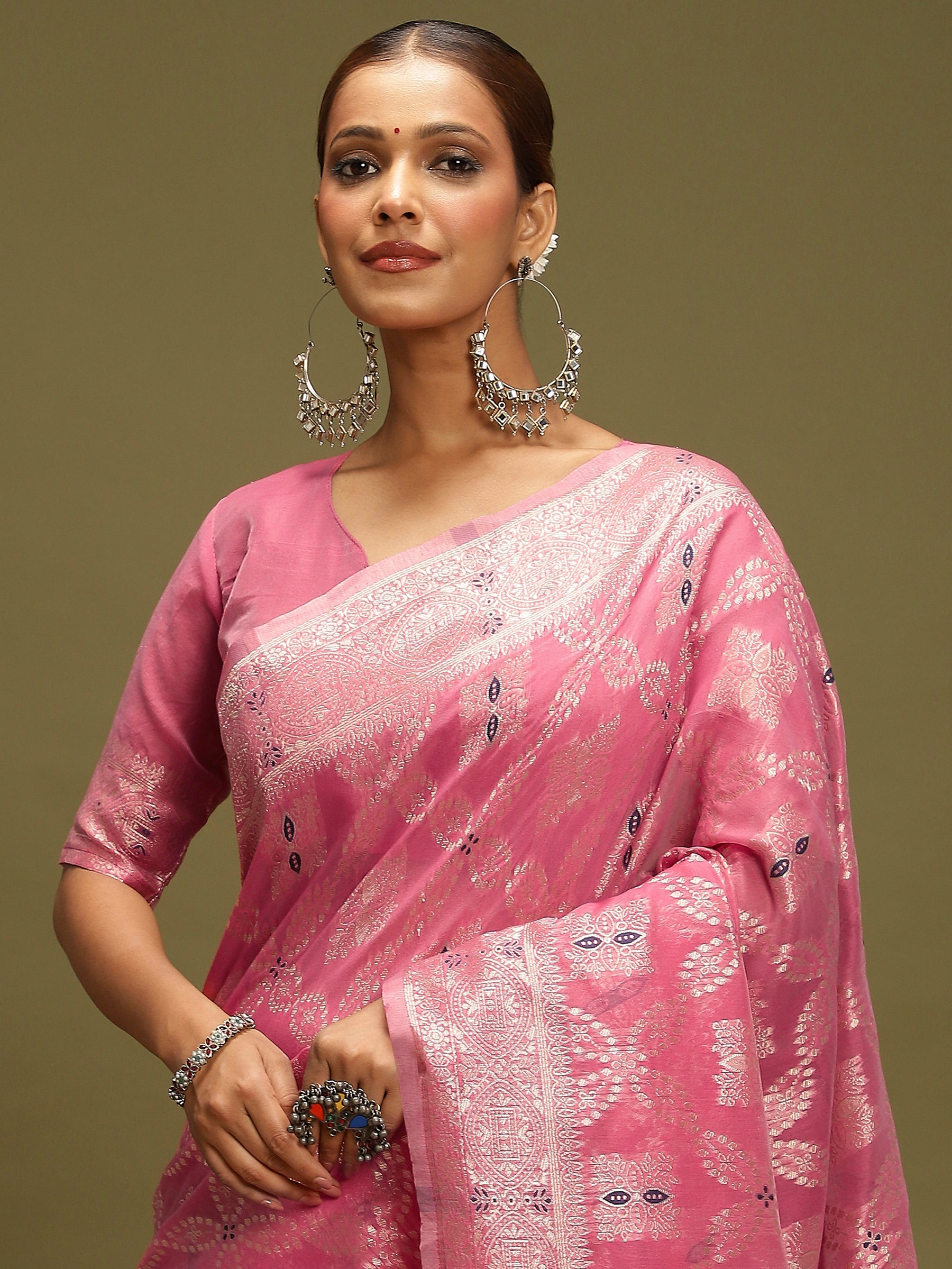 VANAYA-Royal Pink Silver Zari Weave Saree with Heritage Art Pallu