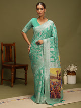 VANAYA-Elegant Aqua Green Silver Zari Weave Saree with Royal Heritage Pallu