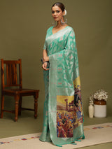 VANAYA-Elegant Aqua Green Silver Zari Weave Saree with Royal Heritage Pallu