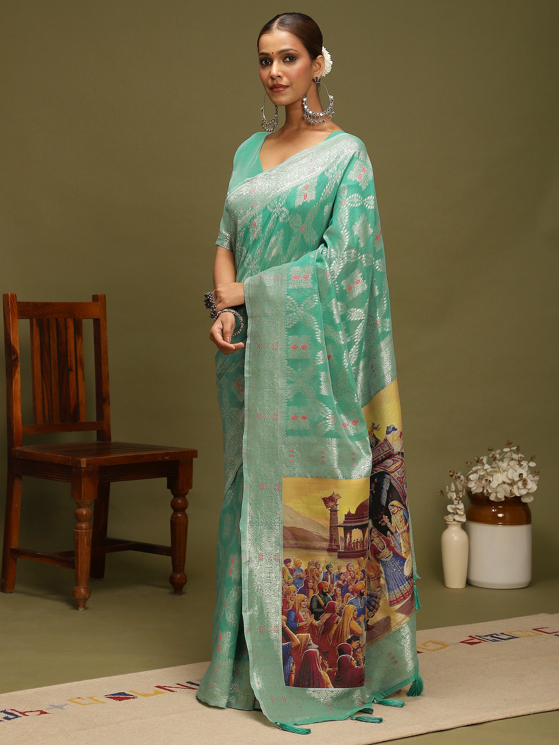 VANAYA-Elegant Aqua Green Silver Zari Weave Saree with Royal Heritage Pallu