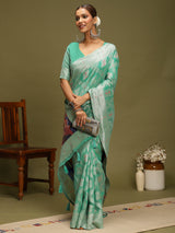 VANAYA-Elegant Aqua Green Silver Zari Weave Saree with Royal Heritage Pallu