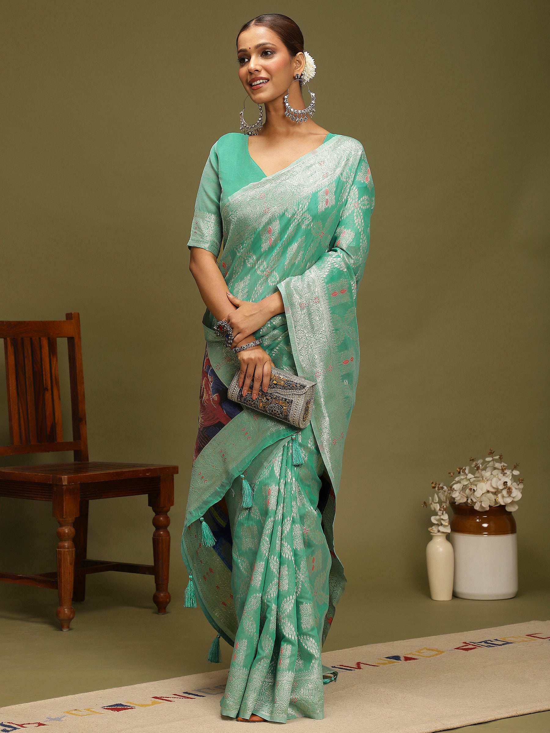VANAYA-Elegant Aqua Green Silver Zari Weave Saree with Royal Heritage Pallu